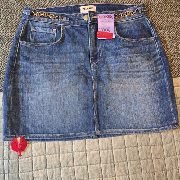 L'AGENCE Dresses & Skirts - L'AGENCE Blue Denim Mini Skirt with Gold Chain Detail